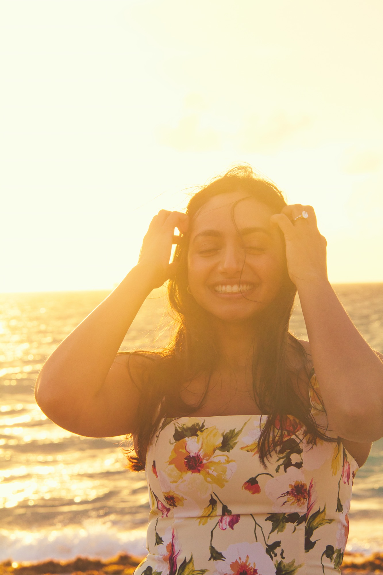 Shriya smiling in golden sunset light